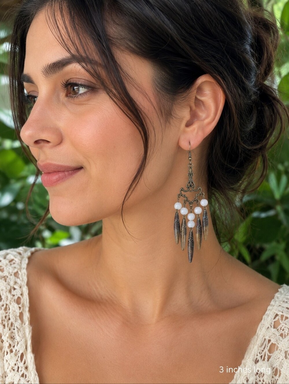 Boho Bronze Chandelier Dangle Earrings - Vintage Style White Bead Drops